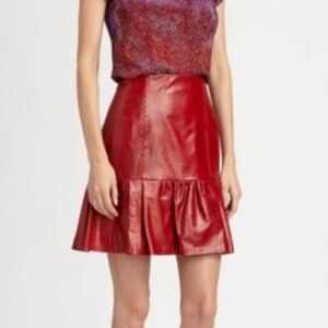 Nanette Lepore Red Leather Catch Me Ruffle Bottom Skirt Sz 6